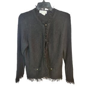 Fashion Avenue Black Knit Fringe Faux Pockets Cardigan Sweater Womens‎ Size XL